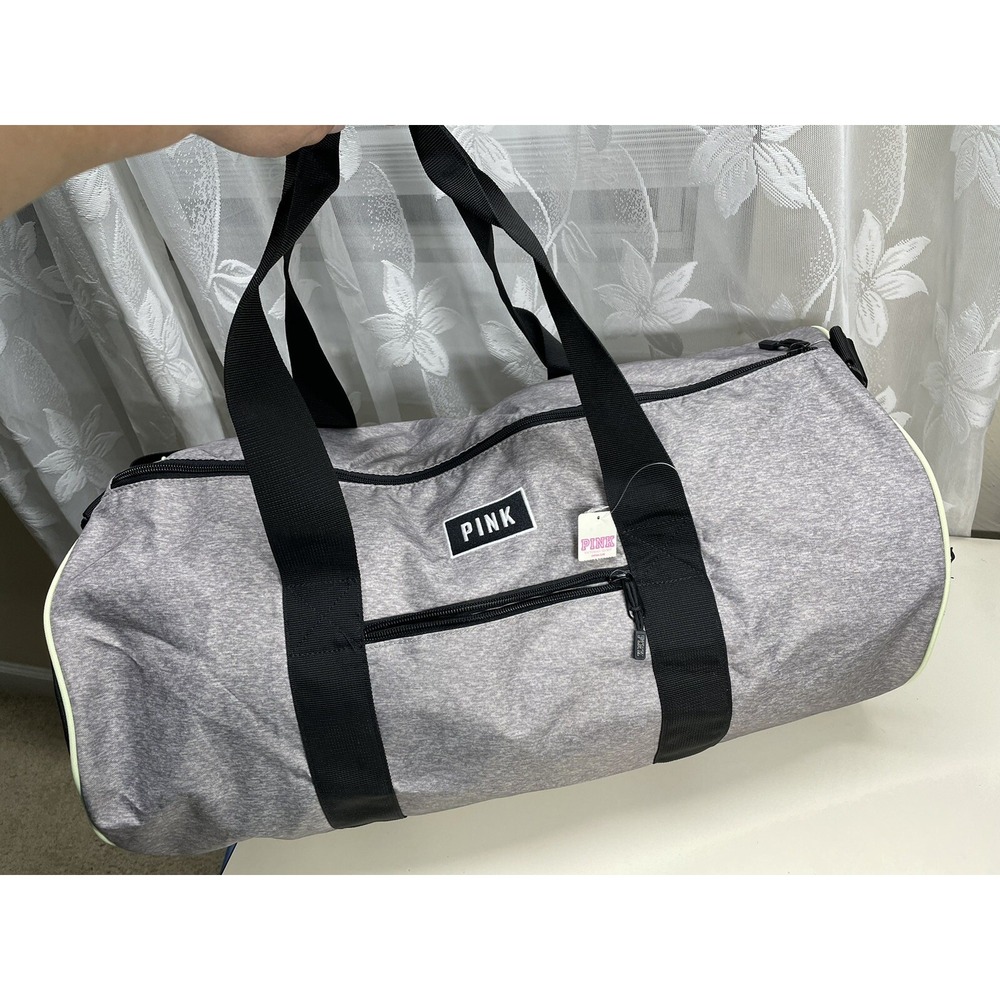 NWT Pink Large Daffel Bag Gray Black Vinyl Crossbody Light Weight Size 24"/12"